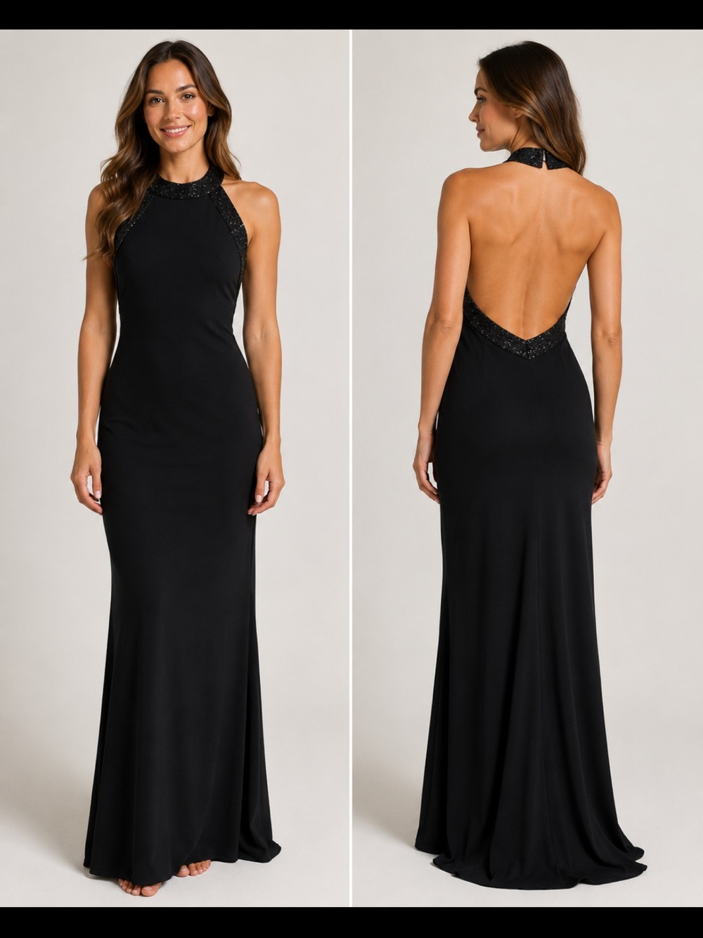 Elegant Ralph Lauren Black Halter Evening Dress with Sequin Trim Size10